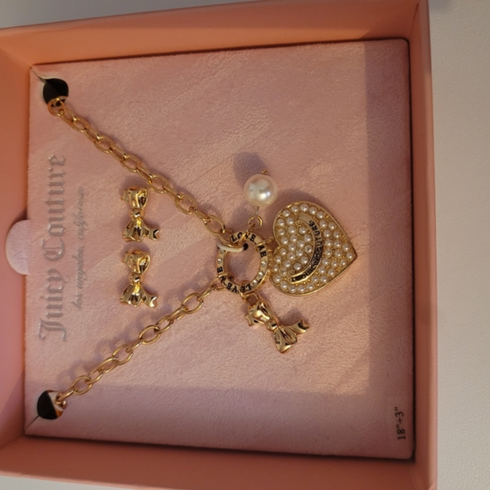 Juicy Couture Gold Heart Charm Necklace and Earrings Set